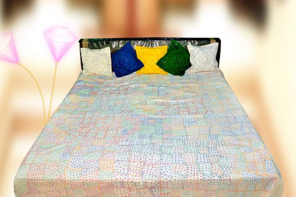 Katha and Patchwork Bed Sheet with Five Cushion Covers